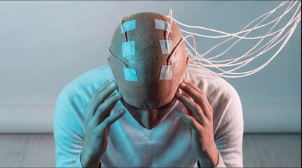 Bald man with electrodes attached to his head, sparks flying. A sci-fi concept of mind control, biometric data, and cyborg integration in cold, alarming tones.