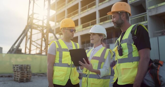 Three Professional Engineers Use a Digital Tablet to Coordinate Commercial and Residential Building Construction, Discussing Real Estate Development Strategy on Business Property Site