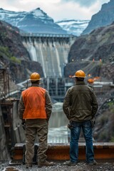 selective focus engineers inspecting dam machinery