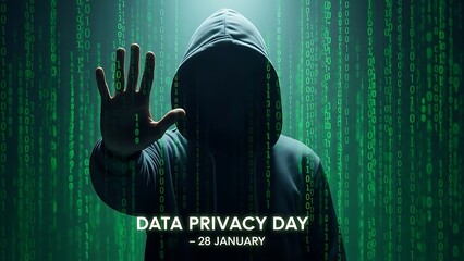 Data Privacy Day January 28th with Hooded Figure and Digital Code Background.