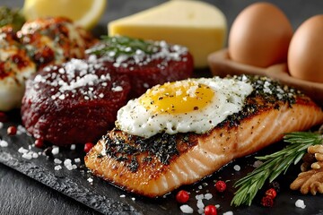 Gourmet Breakfast Featuring Salmon, Sunny-Side Up Egg, and Beef Fillet for Culinary Enthusiasts