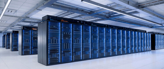 Data Center's Core: Rows of high-performance servers hum with activity in a futuristic data center, reflecting a core of technological innovation.