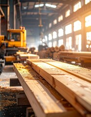 Industrial workers use wood and steel at a city construction site to complete the building of a new factory and a modern wooden house near the concrete railway station