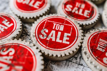 selective focus on pop art inspired red SALE stamps on clean white backdrop