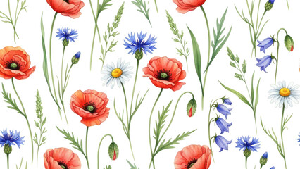 Fototapeta premium Beautiful vector floral summer seamless pattern with watercolor hand drawn field wild flowers. Stock illustration.