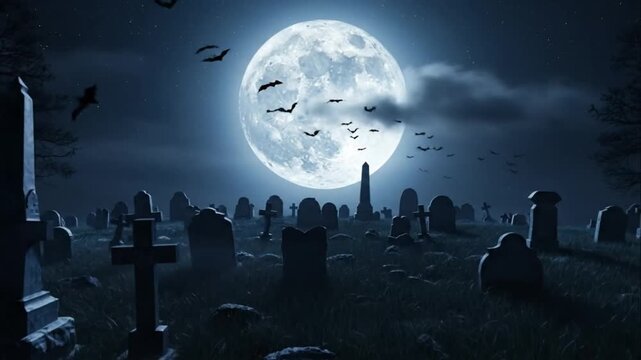 Eerie Graveyard Under Full Moon with Flying Bats Halloween Theme