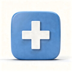 Obraz premium Blue medical cross icon. Glossy 3D hospital sign with white plus symbol isolated on white background. Clean geometric graphic for healthcare, pharmacy, first aid, and doctor app interface design.