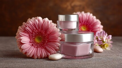 Relaxing spa still life featuring cosmetic cream and pink orchid flowers with aromatherapy oil and a towel for a wellness massage treatment