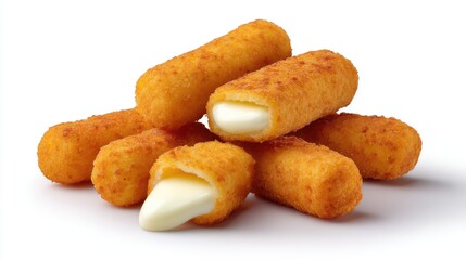 Crispy Golden Cheese Sticks with a Gooey Center Piled on White Background Ideal for Snack and Appetizer Visual Representations
