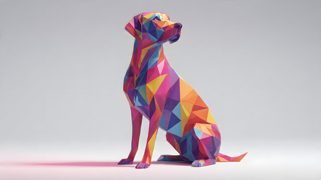 A high-quality 3D digital render of a sitting dog in a vibrant low-poly geometric style