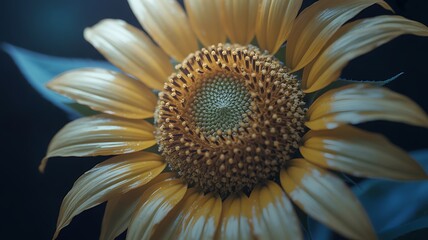Extreme close up of a yellow sunflower's textured center and luminous petals with a dark, blurred background