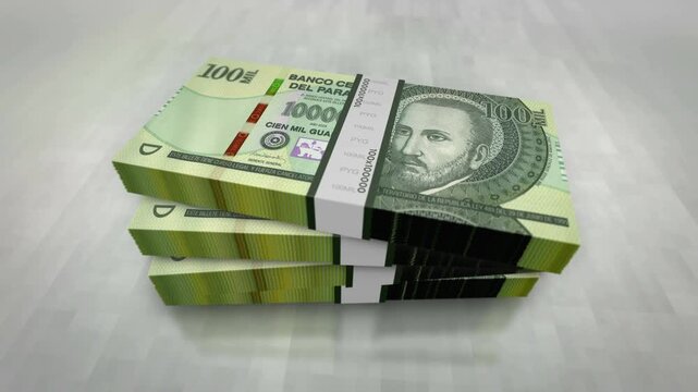 Paraguay guarani Paraguayan money pile pack. Concept background of economy, banking, business, crisis, recession, debt and finance. 100000 PYG banknotes stacks 3d.