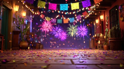Obraz premium Festive Carnival Street Night with Papel Picado and Fireworks