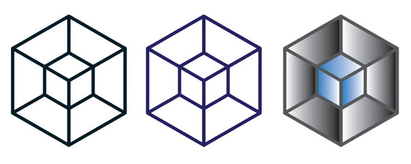 Obraz premium Visual representation of three necker cubes illustrating an optical illusion in varied styles