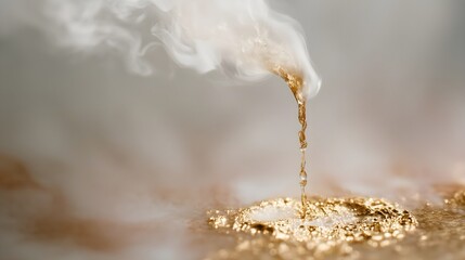 Golden Liquid Pouring from Ethereal Smoke on a Light Abstract Background