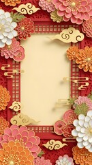 Vertical orientation background for Spring Festival with 3D paper cut peony flowers, golden clouds, and a central light-colored frame for text.