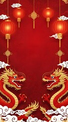 Majestic vertical red background featuring two golden dragons, red lanterns, and white clouds, symbolizing power and good fortune.