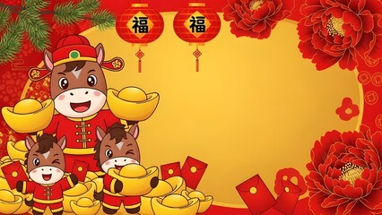 Playful Lunar New Year illustration featuring cute zodiac characters (Year of the Ox), gold ingots, and red envelopes on a yellow and red background.