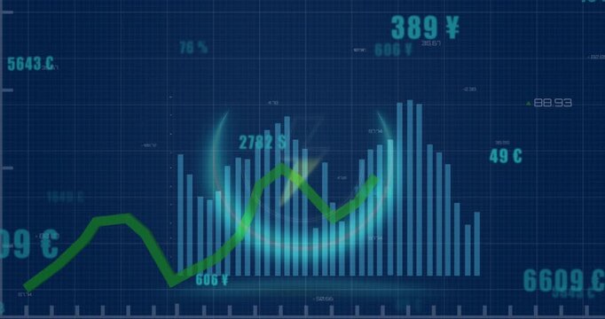 Animation of thunderbolt icon over statistical data processing against blue background