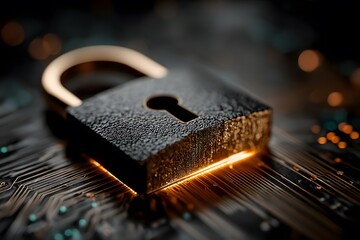 Cybersecurity Concept: Illuminated Lock on Circuit Board for Data Protection