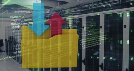 Animation of financial data processing with folder icon over computer servers - Powered by Adobe