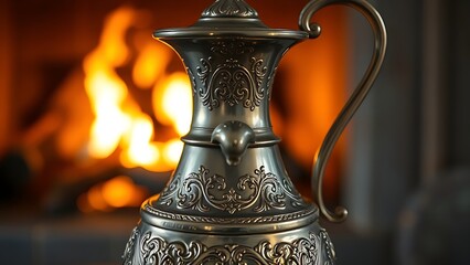 flagon. An intricately engraved silver flagon reflecting flickering firelight. product launch decks, UI/UX mockups, designed for product launches and innovation pitches, used by product marketers.