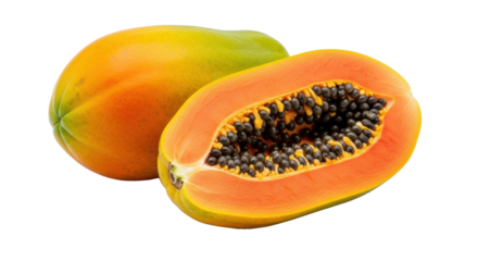 Two vibrant tropical papayas, one whole, one cut revealing juicy orange-red flesh, black seeds, on a transparent background, concept of healthy exotic fruit