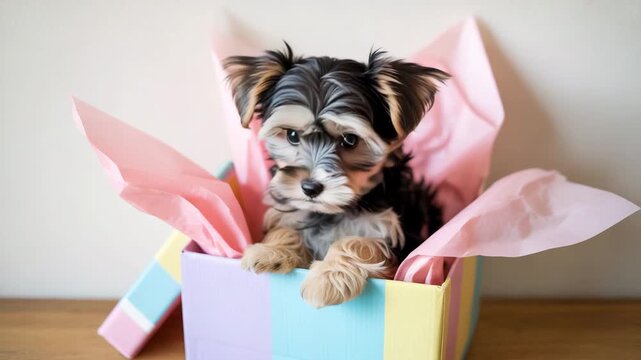 Tiny morkie puppy curled up cozily in soft pink blanket nest