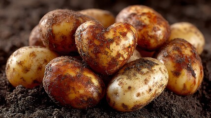 Heart-Shaped Potato and Regular Potatoes in Soil - Fresh Harvest Concept for Farm Produce