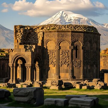 Ancient Armenian Architecture - Ruins of Zvartnots Cathedral with Mount Ararat.