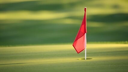 flagstick. A red and white flagstick on a green golf course in soft morning light. event key visuals, club posters, designed for sports event promotions and stadium branding.