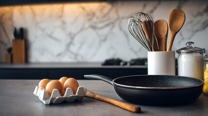 A professional set of wooden kitchen utensils including a spatula and spoons is arranged on a brown wood background for cooking home food with quality kitchenware tools