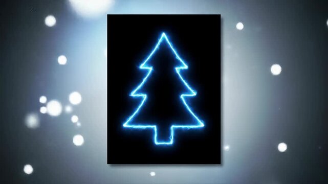 Glowing neon Christmas tree outline against a blurred bokeh background, festive holiday.