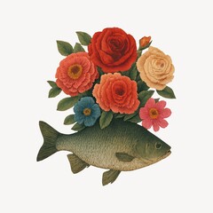 Fototapeta premium Fish adorned with vibrant flowers.