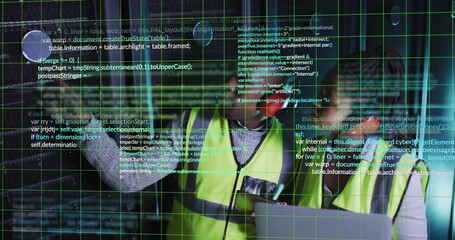 Animation of data processing over african american male and female engineers working at server room - Powered by Adobe