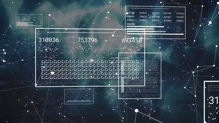 Animation of interfaces with data processing, network of connections and digital waves - Powered by Adobe