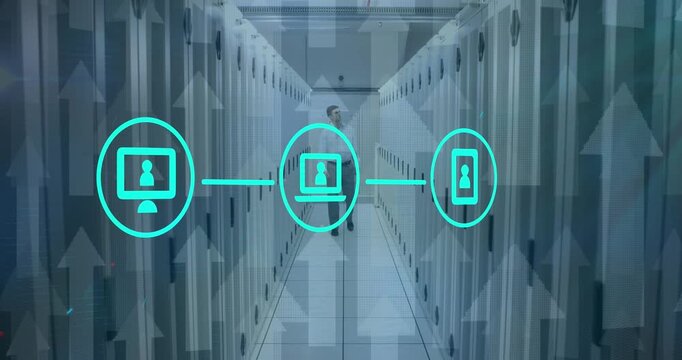 Animation of network of icons, arrow icons over caucasian male engineer walking in server room