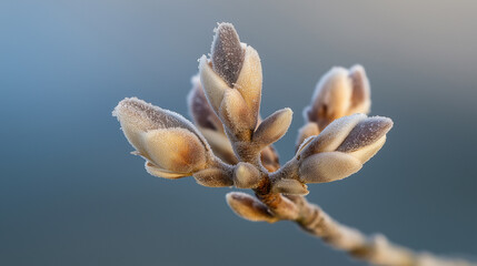 contender. Dormant tree buds covered in delicate frost crystals. gardening catalogs, home-decor guides, designed for home decor and floral branding and gardening and botanical catalogs.