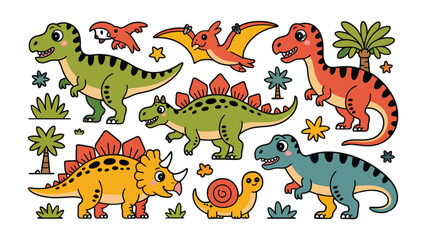 Dino Adventure: A charming illustration featuring diverse, friendly dinosaurs, each embodying unique characteristics and colors, creating an enchanting prehistoric world. © Abdul