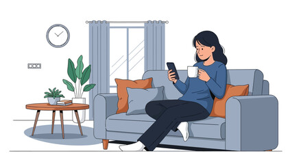 Cozy moment at home a serene young woman unwinding on her sofa, engrossed in her smartphone, sipping a beverage in a tranquil living room environment