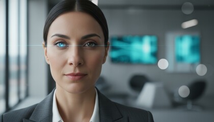 Businesswoman with bionic eye scanning data in a futuristic office
