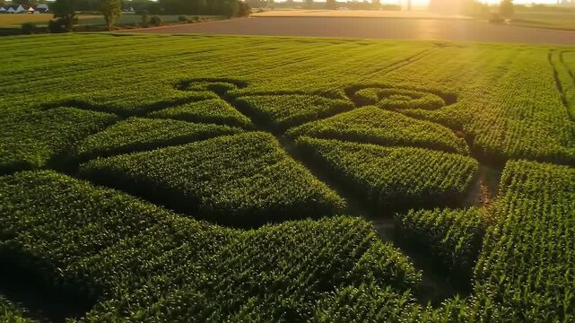 Aerial view of a cornfield with a large, geometric crop circle design.