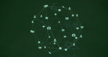 Animation of network of people and health icons over mathematical equations on chalkboard - Powered by Adobe