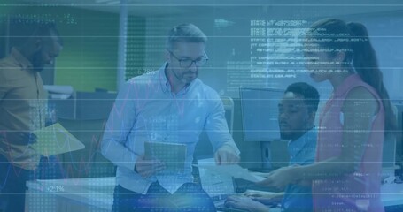 Animation of financial data processing over diverse business people in office - Powered by Adobe