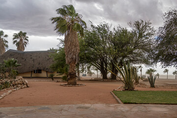  sand storm with strong winds at lodge in Kalahari desert, Bitterwasser, Namibia