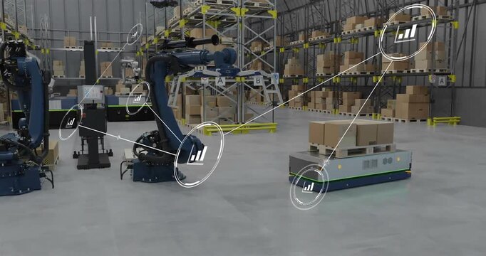 Animation of network of connections with icons over robots in warehouse