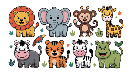 Fototapeta premium Safari Adventure: A collection of adorable safari animals including a lion, elephant, monkey, giraffe, zebra, tiger, hippo, and bird in a joyful arrangement.