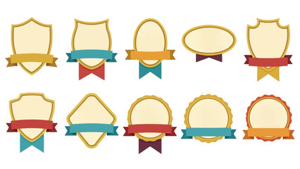 Collection of blank gold shield badges with colorful ribbons on white background for awards and recognition
