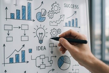 Hand drawing business diagrams and charts with lightbulb idea concept on whiteboard with blue highlights for success strategy planning presentation. Ai generative