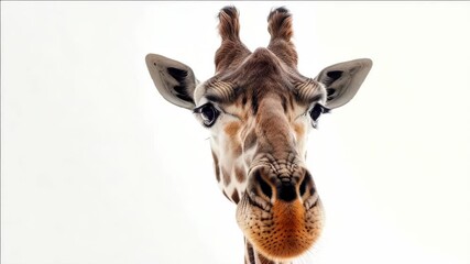 A close-up of a giraffe smiling for the camera, showcasing its distinctive facial features. Perfect for wildlife enthusiasts or those interested in animal conservation.